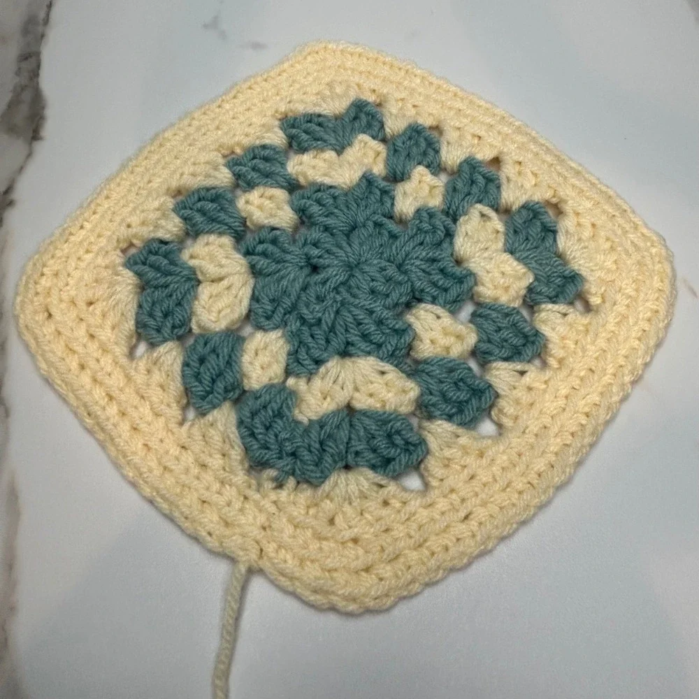 Handmade Crochet Granny Squares Set Teal Cream Blue Knit DIY Craft Pieces 3pc